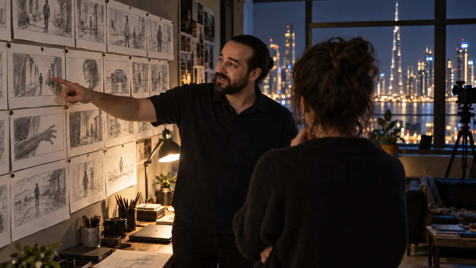 Concept visual of a director walking a client through a storyboard wall at night, with the Dubai skyline behind them