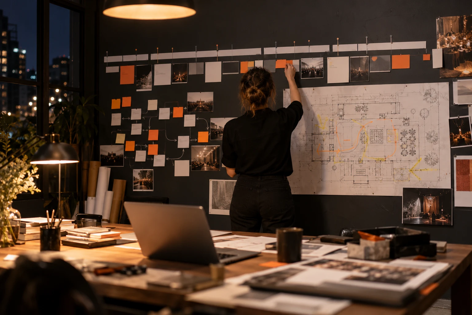 Concept visual of a planner at night pinning cards to a run-of-show wall beside a marked-up venue floor plan